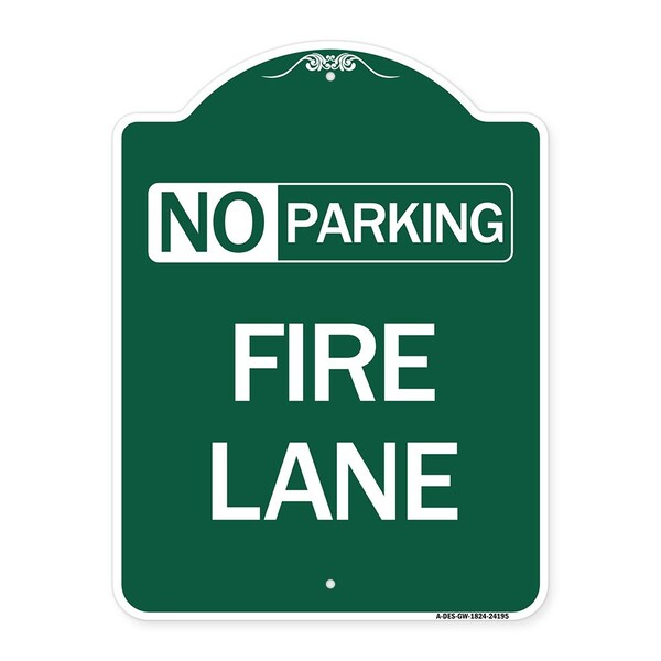 Delaware No Parking Fire Lane, Green & White Aluminum Architectural Sign, 18" x 24", GW-1824-24195